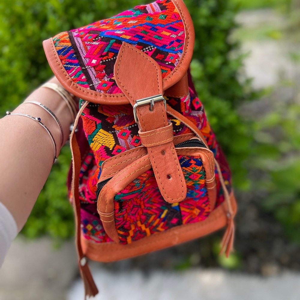 Gorgeous Guatemalan backpack, made from genuine leather and vintage Huipils.